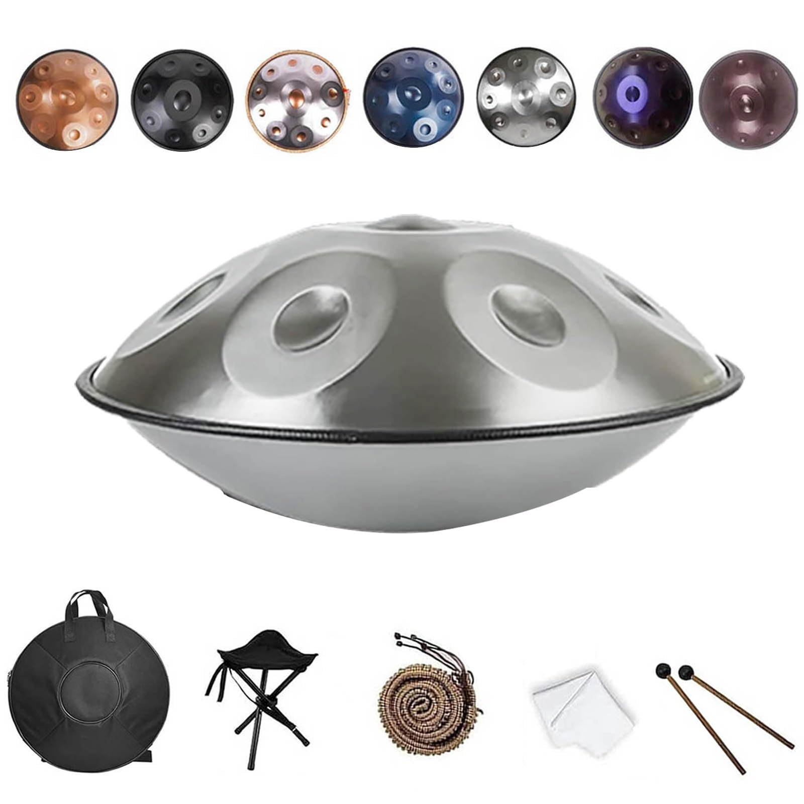 Handtrommel in D-Moll Kurd, 22 Zoll Zungentrommel 432Hz/440Hz, 9/10/12 Noten Handpan-Trommel mit Tragetasche, Harmonic Percussion für Live-Auftritte und Meditation(Silber,432HZ/12Note)