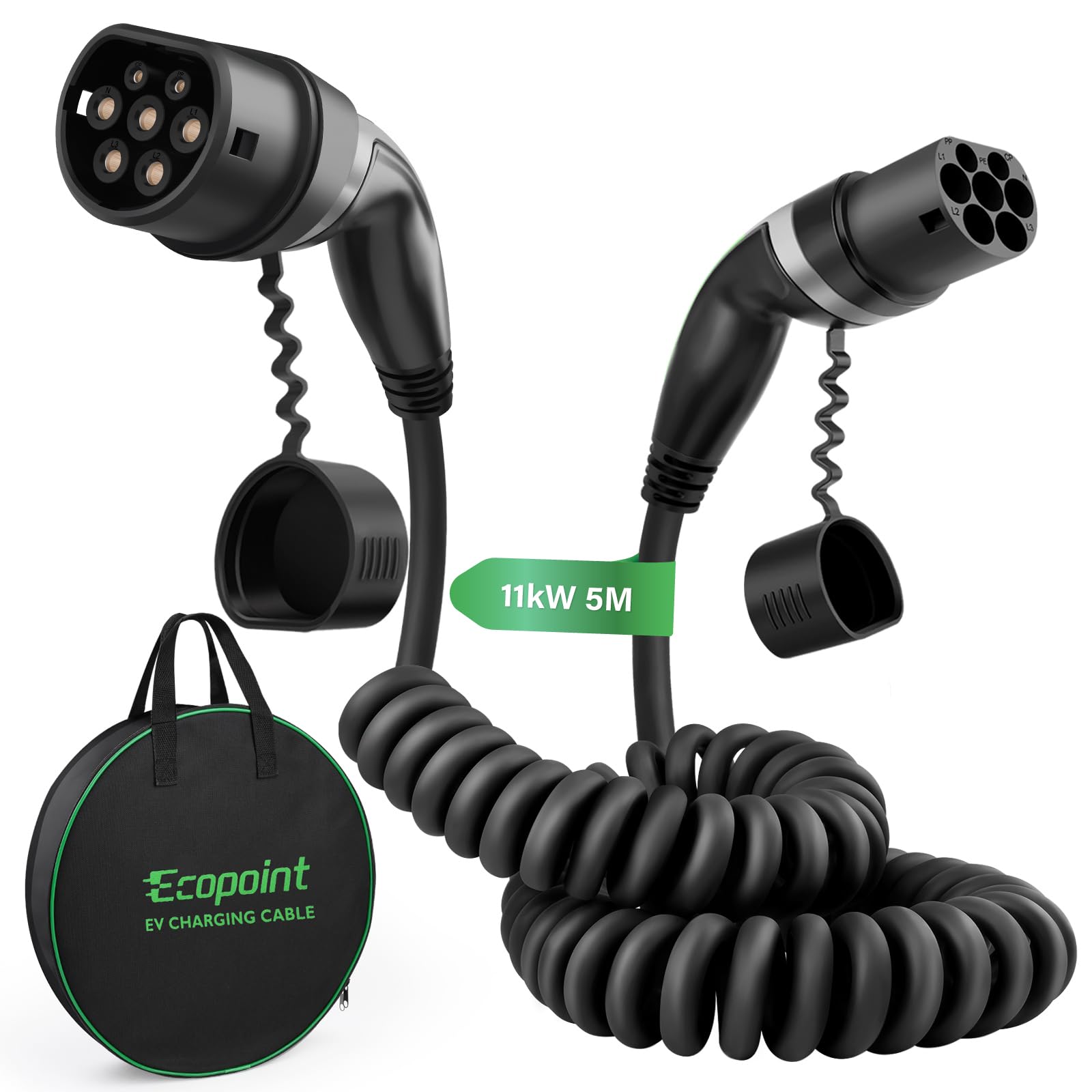 ECOPOINT 11-5-SPR Typ 2 Ladekabel für Elektrofahrzeuge, 11 kW, tragbares 3-Phasen 16A, Mennekes Mode 3 Ladekabel für EV und PHEV (5M Spiralkabel)