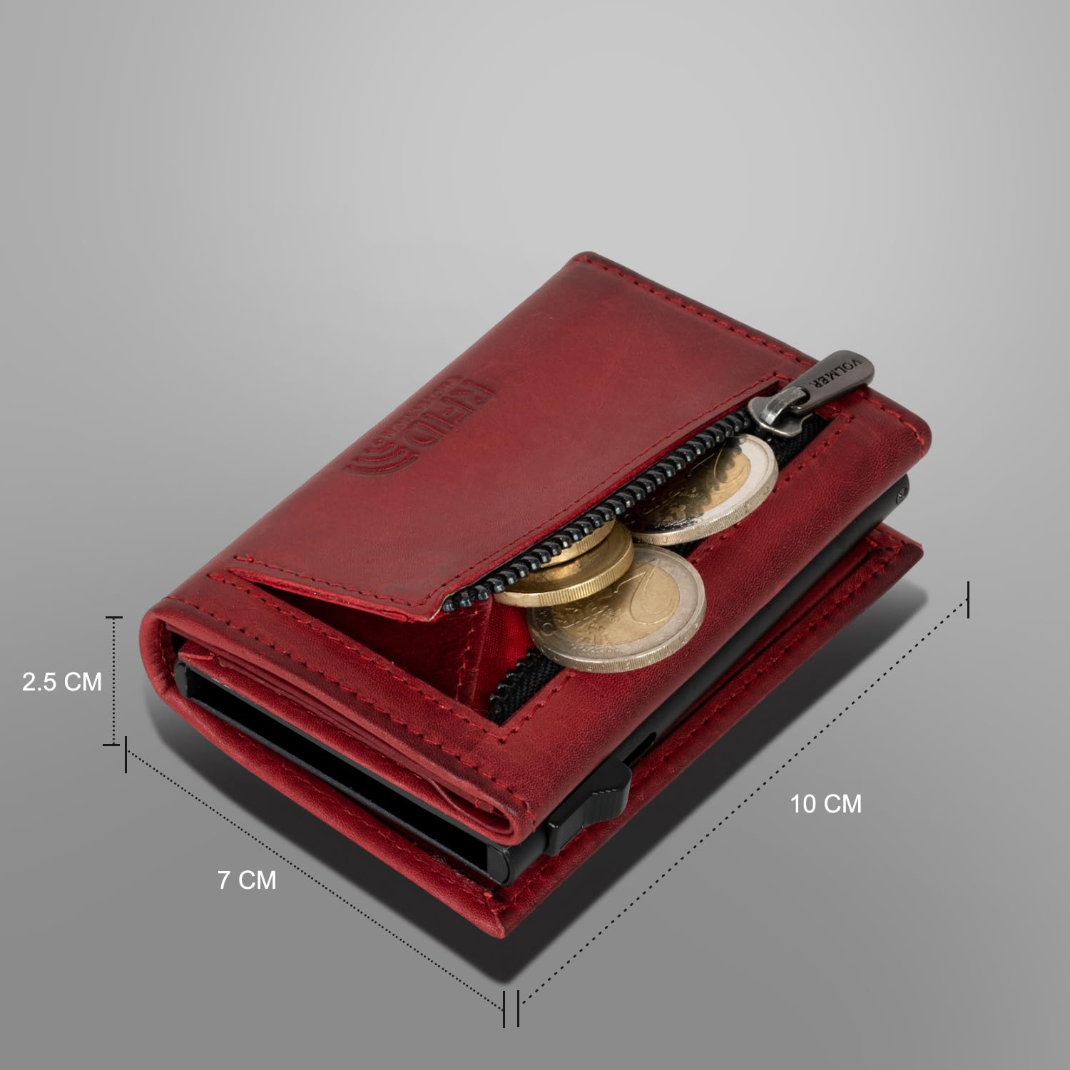 Fa.Volmer POP-UP etui na karty z przegródką na monety z prawdziwej skóry dla mężczyzn i kobiet | 11 kart | ochrona RFID | portfel, Bordeaux Red, Kleines Münzfach, Duża przegródka na monety