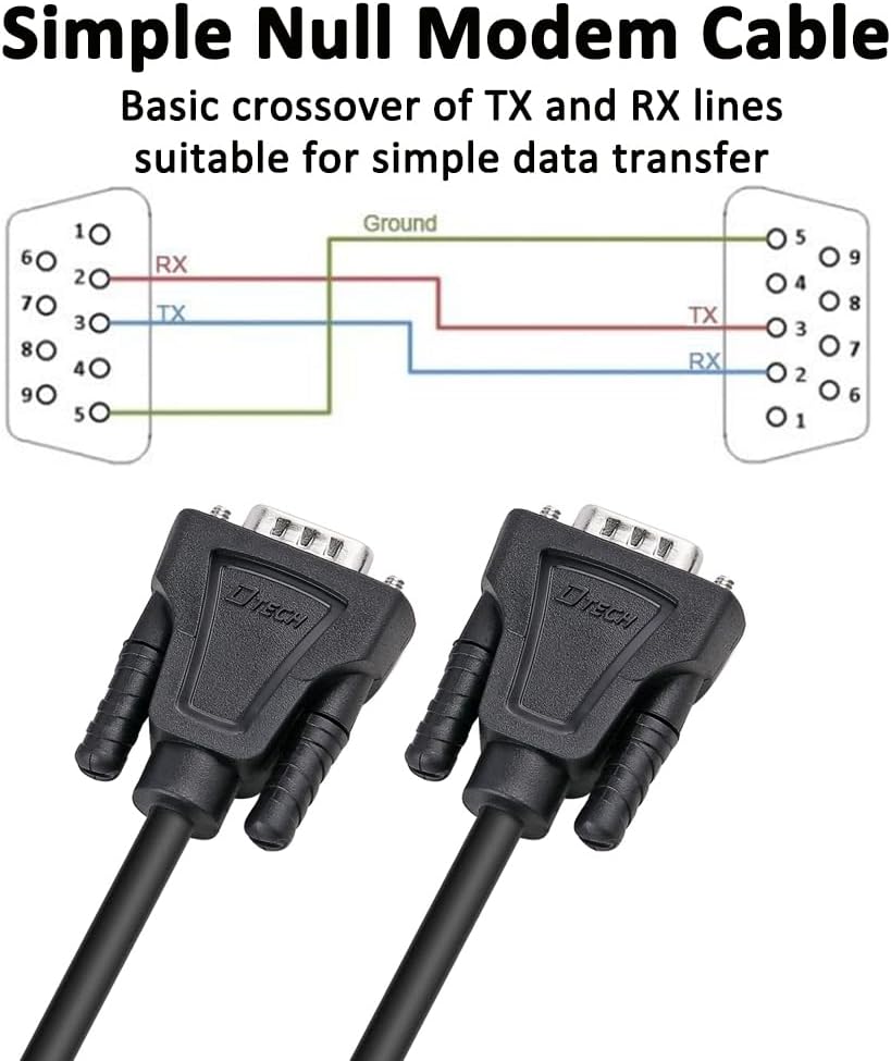 DTECH 10ft RS232 Serial Cable DB9 Null Modem Male to Male Cord Simple Cross TX RX line 2 Pin Crossed Without Handshake for Computer Data Communication (10 Feet, Black)