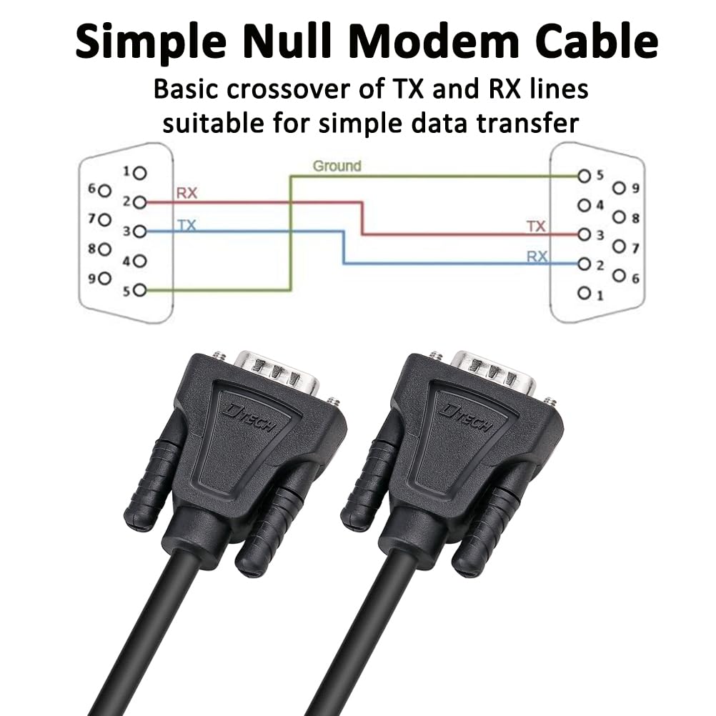 DTECH 6ft DB9 to DB9 RS232 Serial Cable Male to Male Simple Null Modem Cord Cross TX RX line 2 Pin Crossed Without Handshake for Computer Data Communication (6 Feet, Black)