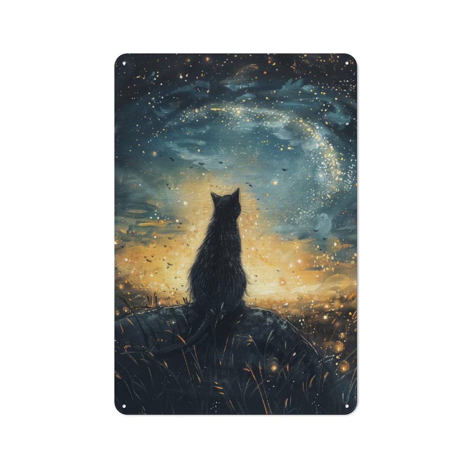 Junmoney Style-9 Garage Style Metal Wall Sign 30X20cm Featuring Black Cat Gazing At Starry Sky, Garage Wall Decor For Garage, Hobby Room, Office Or Man Cave