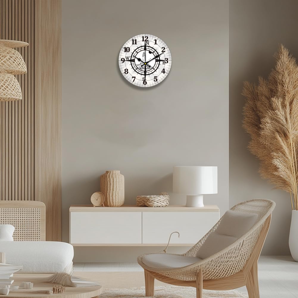 CHGCRAFT 12 Pollici Orologio da Parete con Faro sul Mare Modello di Bussola a Batteria Orologio Decorativo Rotondo Silenzioso e Non Ticchettante per l'ufficio, la Casa e la Cucina