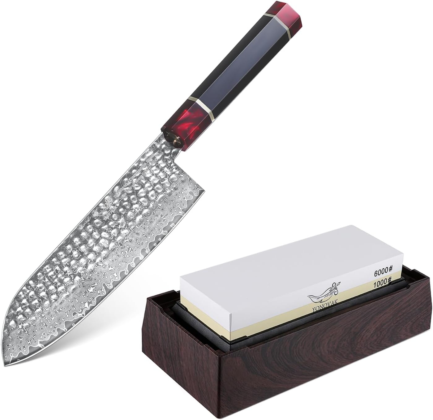 YONOVAK 7 inch Damascus Santoku Knife & Knife Sharpening Stone Set Home & Kitchen