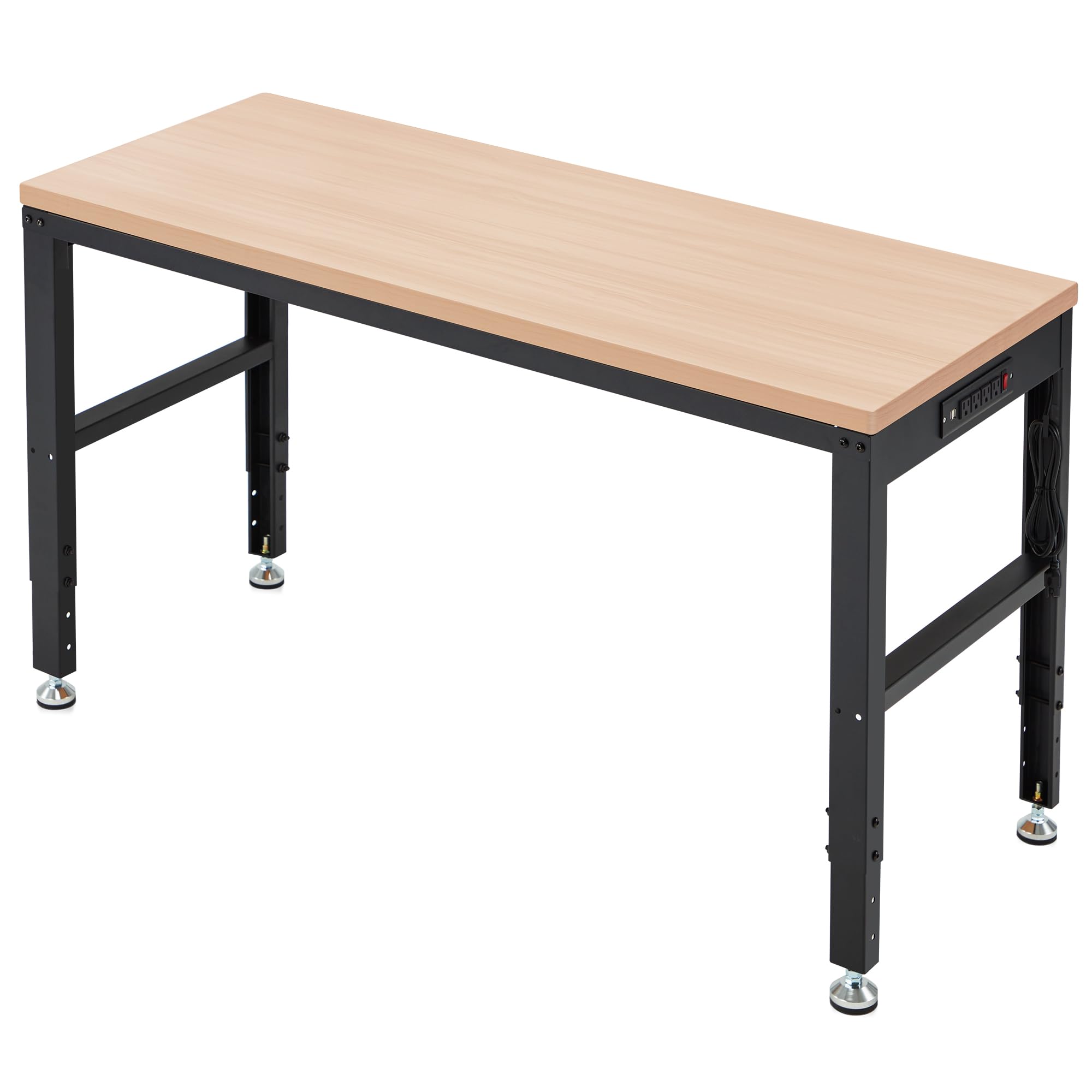 Antifir 60” Adjustable Workbench，Heavy Duty Wood Work Bench 2000 Lbs Load Capacity,Work Table with Power Outlet for Garage, Workshop, Office, Home