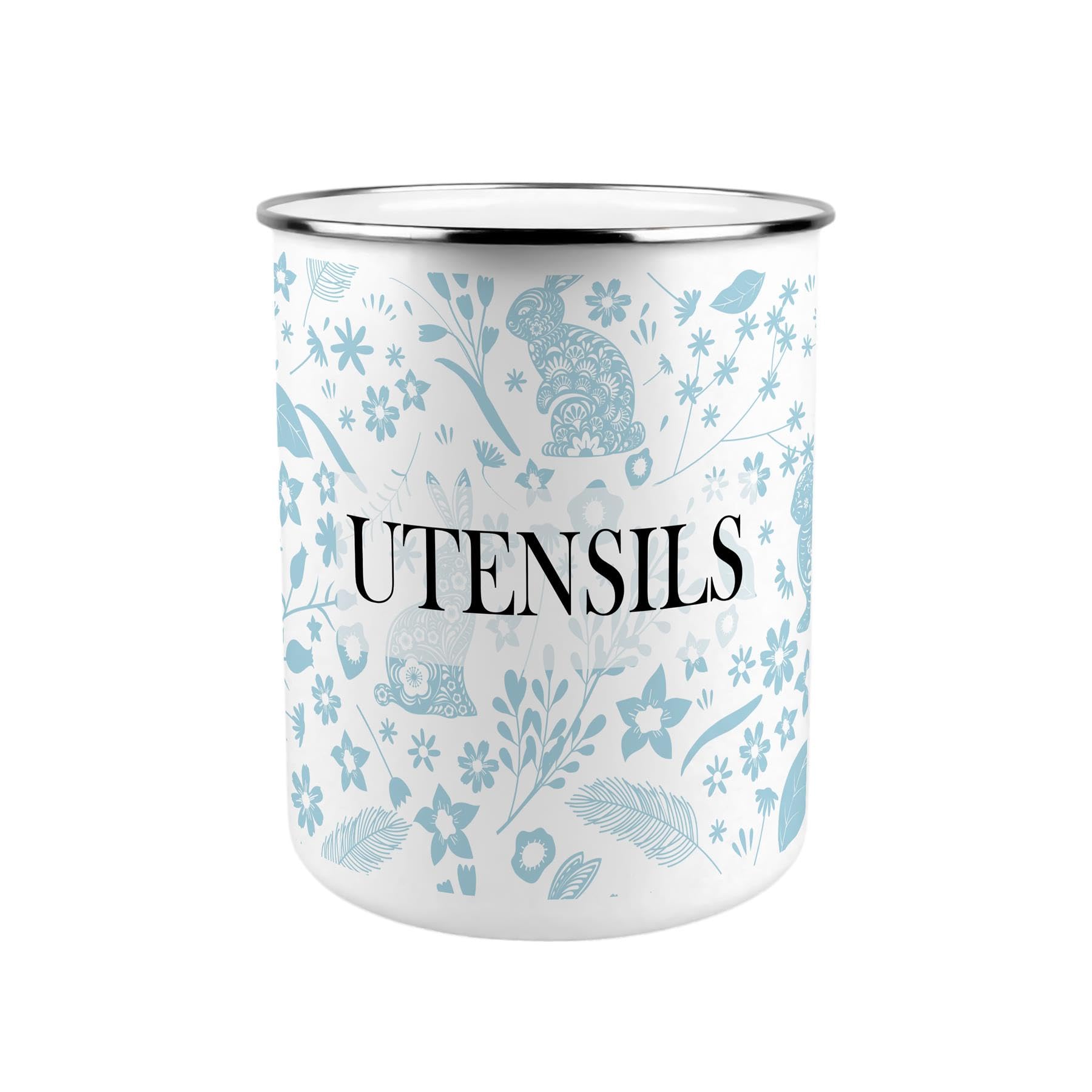 Purely Home Wild Rabbits Blue Metal Utensil Holder - XL Kitchen Utensil Pot/Organiser for Countertop Decor Gift 18x16.5cm