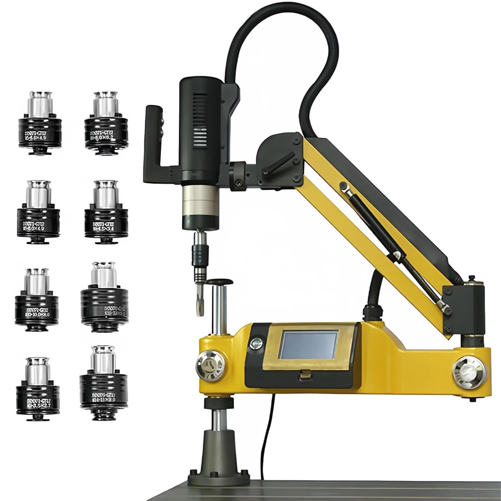 JozyJul Electric Tapping Machine M6-16 Tap Collets 1000mm Arm 360 Degree Universal Tapping Machine Electric Tapper 8pcs collets Touch Screen CNC Control for Steel/Aluminum