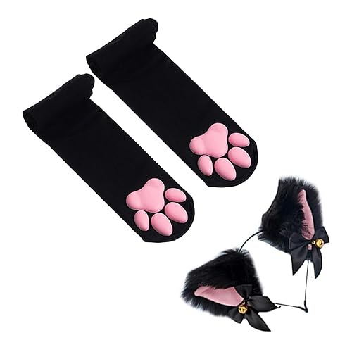 Thigh High Socks, Pink 3D Kitten Claw Stockings Cute Cat Paw Pad Socks for Girls Women Cat Cosplay - Black