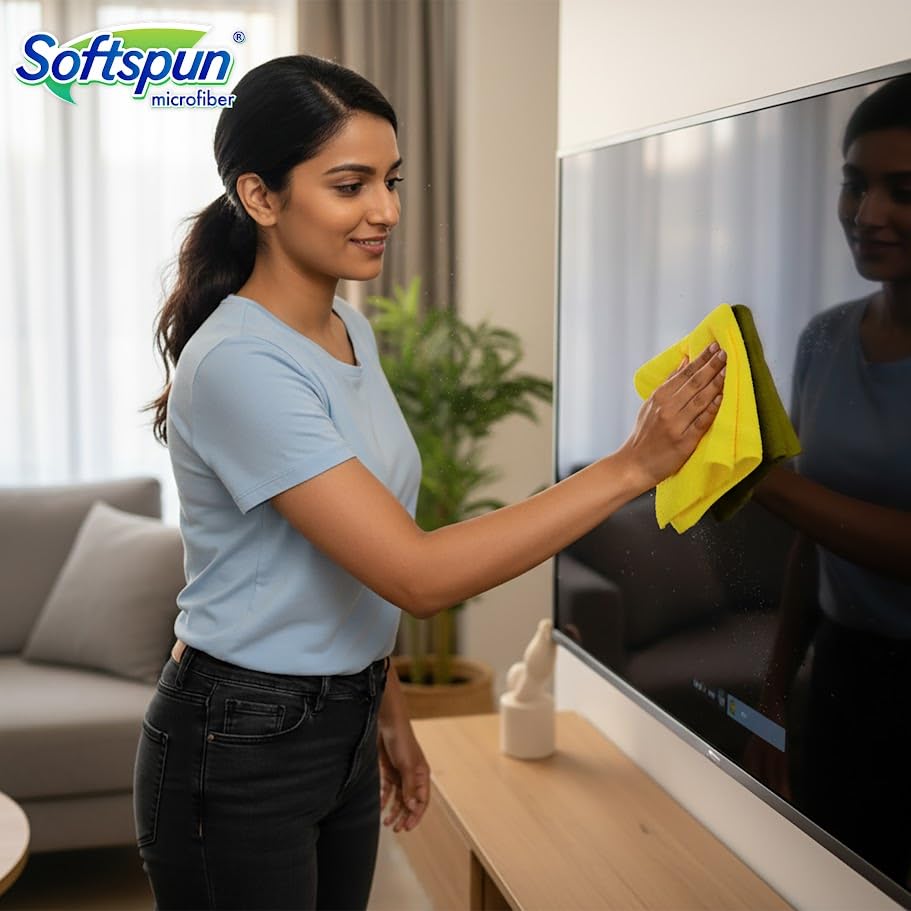 Image of SOFTSPUN Microfiber Cleaning Cloths, 5pcs 40x40cms 340GSM Yellow! Highly Absorbent, Lint and Streak Free, Multi -Purpose Wash Cloth for Kitchen, Car, Window, Stainless Steel, Silverware.