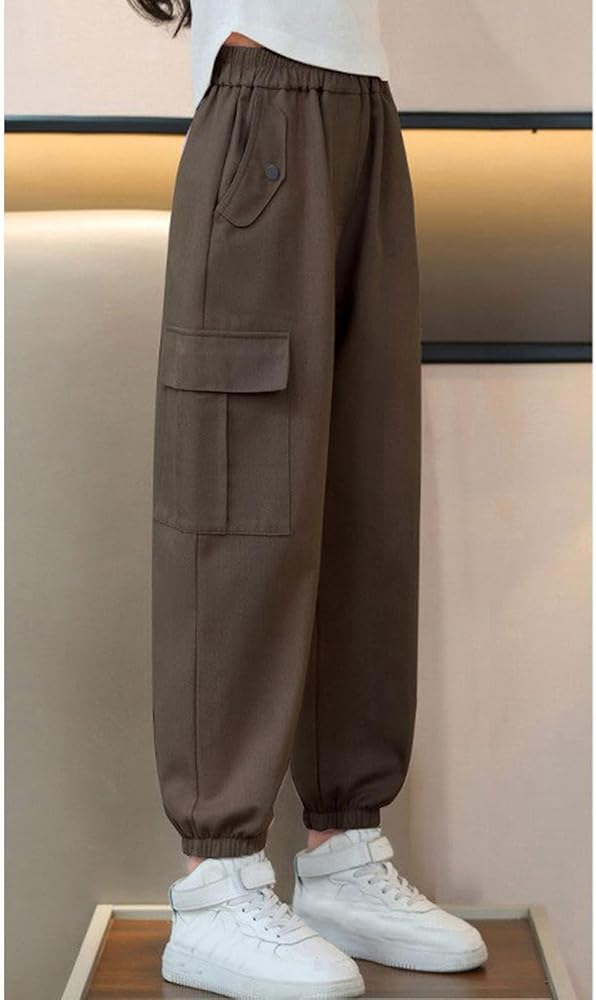 Pantalon Cargo Enfant Fille 3-14 Ans Chic Printemps Pantalon Ample Ado Fille Taille Elastique Pantalon De Sport Fille Fashion Pas Cher Confortable Casual Streetwear Pants (Coffee, 3-4 Ans