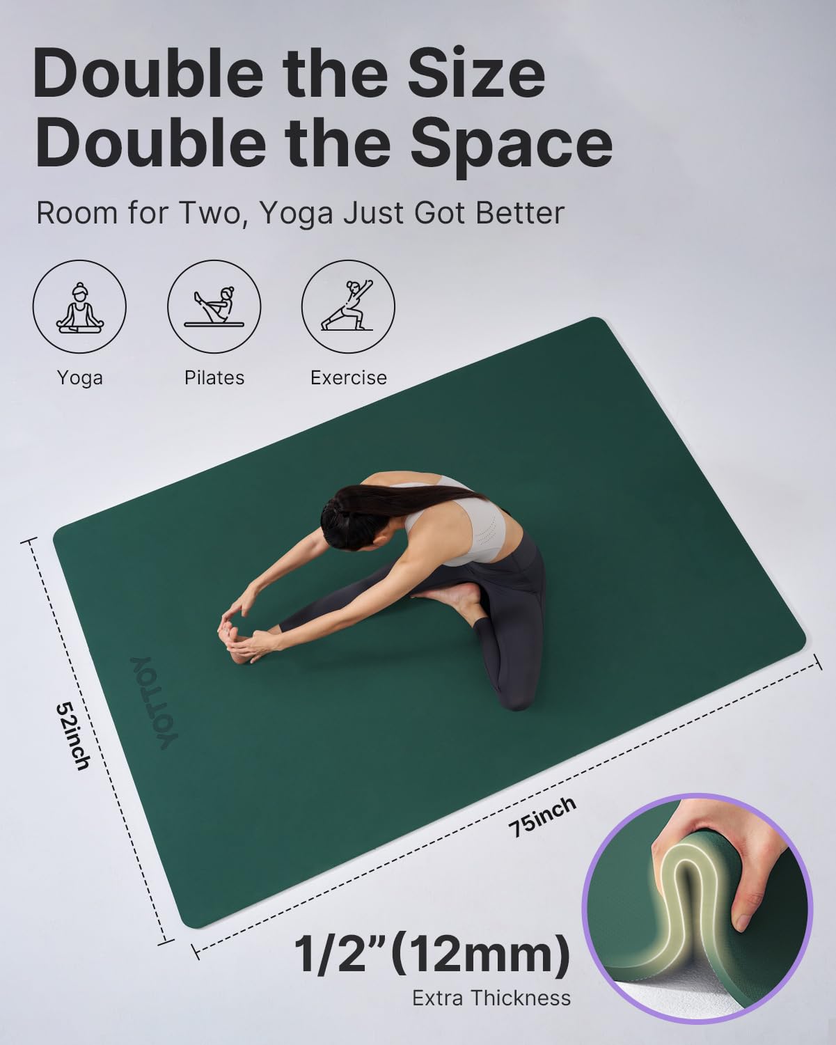 YOTTOY Tapete de yoga grande (75 x 52 x 1/2 pulgadas), tapete de ejercicio de TPE extra ancho, tapete de entrenamiento antideslizante para pilates, fitness, descalzo, estudio de gimnasio en casa con