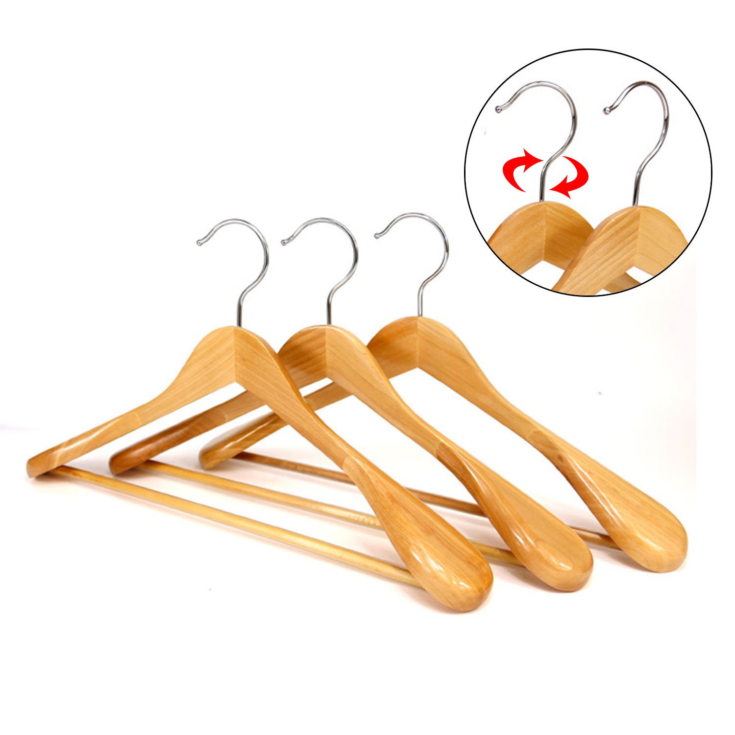 6 Perchas de Madera Con Barra de Pantalones Antideslizante - Naturaleza Perchas Para Abrigos, Trajes (Hombros Extra Anchos)
