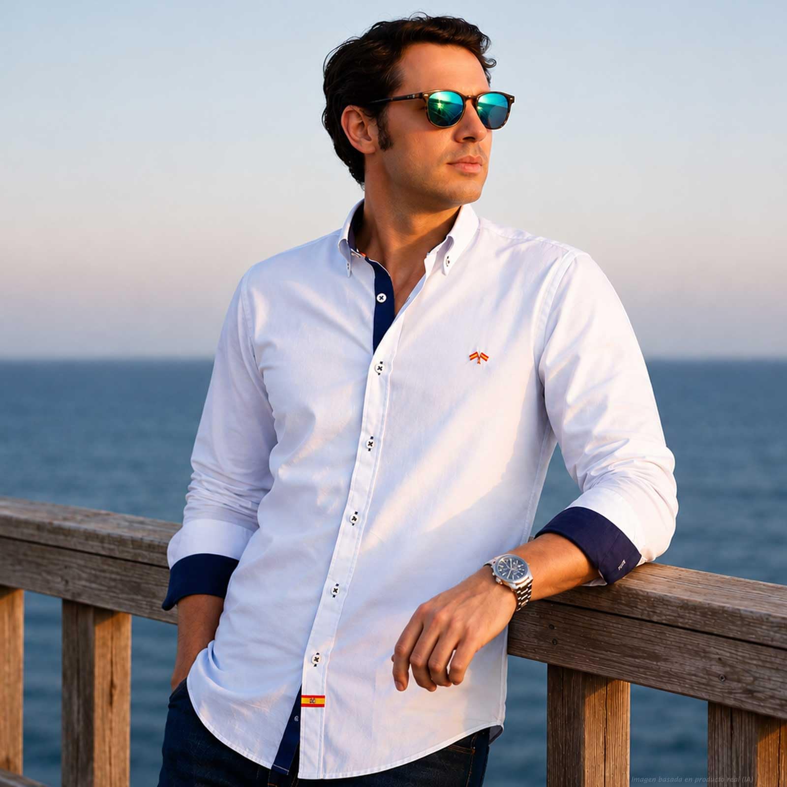 C&M Camisa con Bandera de España Hombre Blanca con Marino. Diseño Exclusivo y fabricación Nacional