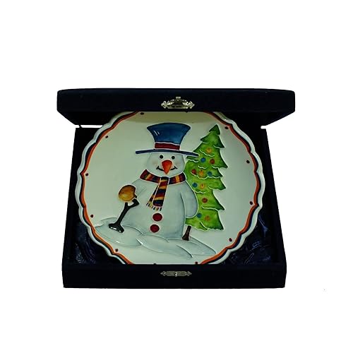 Anka Handcrafts - Christmas Home Decors  Snowman - Handmade & Handpainted Ceramic Plates with Unique Embossed Surface  w Navy Int. Velvet Case 