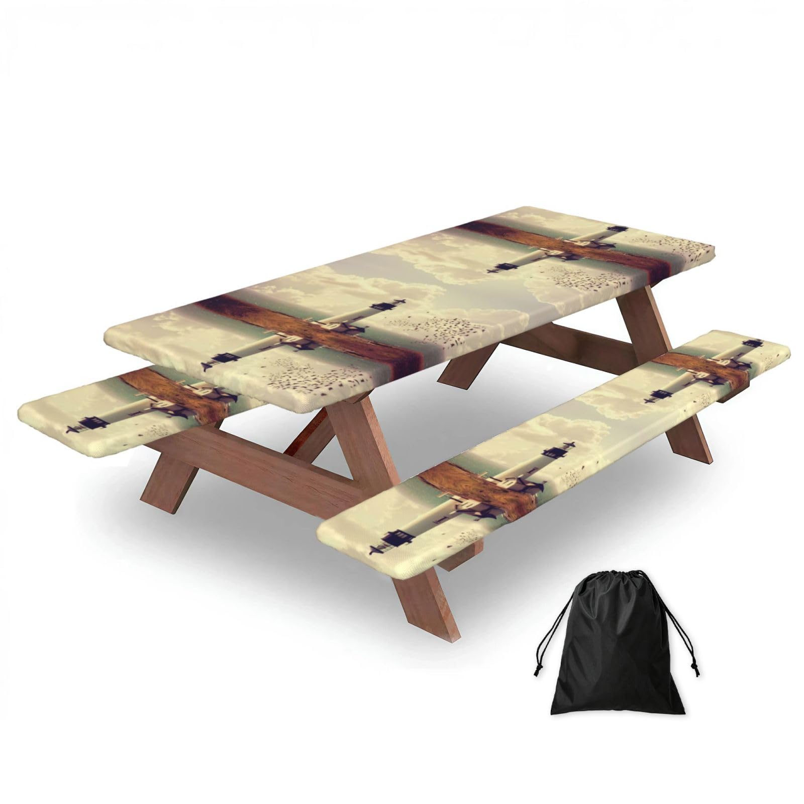 Old Lighthouse Print 3 Pack Wipeable Picnic Bench Cover And Table Cover Lightweight Table Cloth For Camping Outdoor