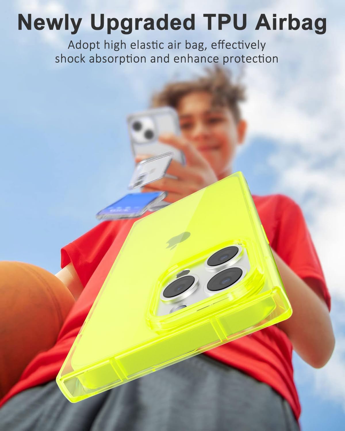 Svanove Fundas para iPhone 15 Pro Transparente Cuadrado, Transparente Rectángulo Cuadrado Funda de Teléfono Cámara Funda Protectora, Silicona Fina Shockproof Caparazón Blando, Amarillo Neón