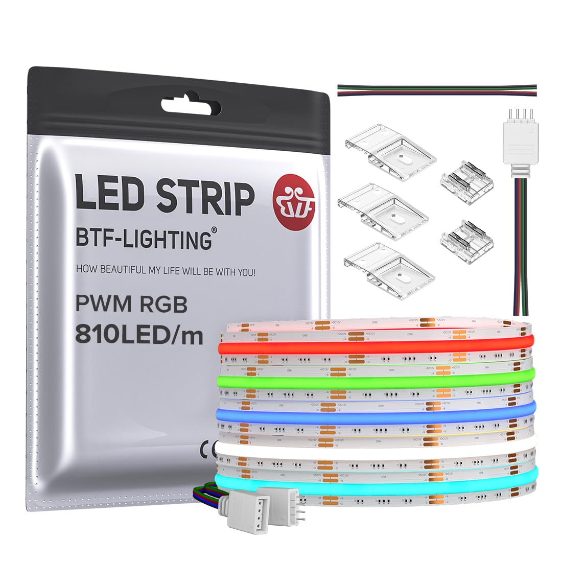 BTF-LIGHTING FCOB COB RGB LED Strip 810LED/m 16.4FT DC12V Color Changing Flexible High Density Uniform Light 10mm Width for Bedroom Home Indoor Decor(No Adapter or Controller)