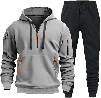 HOOUDO Mens Tracksuit Full Set 1/4 Zipper Hoodie Top Sweatpants Bottoms Sets Winter Warm Casual Sweatsuit Sets with Pockets 2 Piece Pullover Joggers Suit Outfits