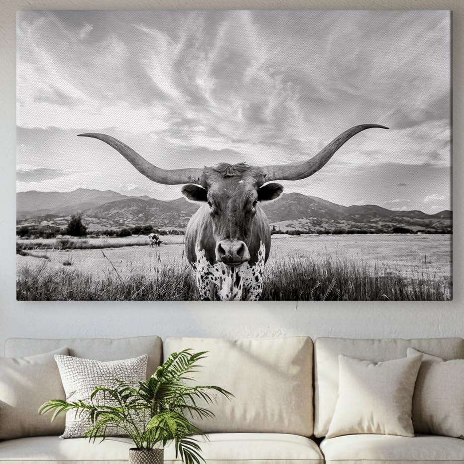 Arizona Canvas Prints Small to Extra Large - Sonoran Desert Landscapes Dining Room, Bedroom, Bathroom, Living Room - Saguaro Cactus Wall Art (Longhorn Cattle, 24"L x 36"W)