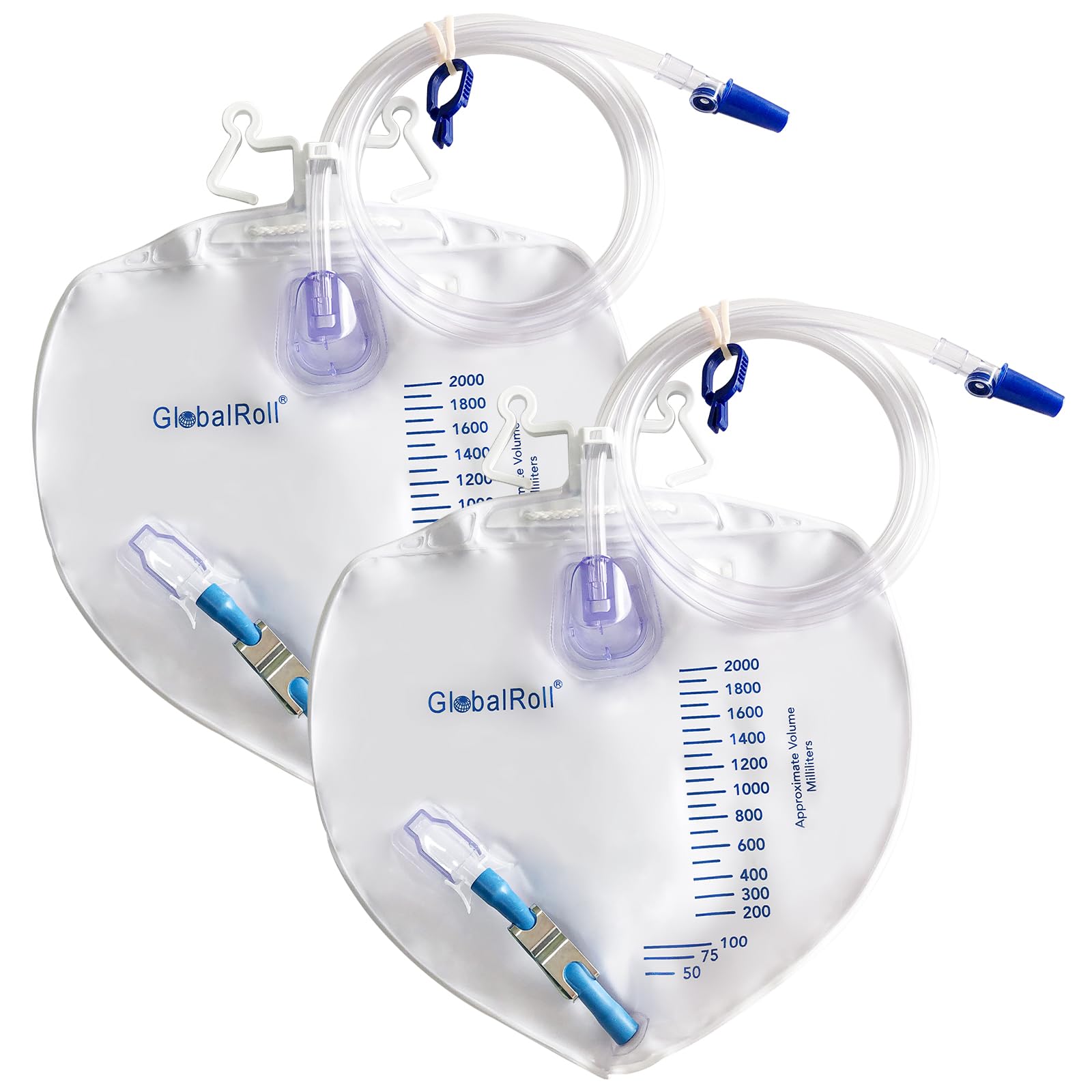 Urinary Drainage Bag with Anti-Reflux Chamber, Bedside Drainage Bag 2000 mL with 48" Drainage Tube, Hook Hanger and Clips, Urine Bag with Metals Buckle for Home and Hospitals, 2 Pack