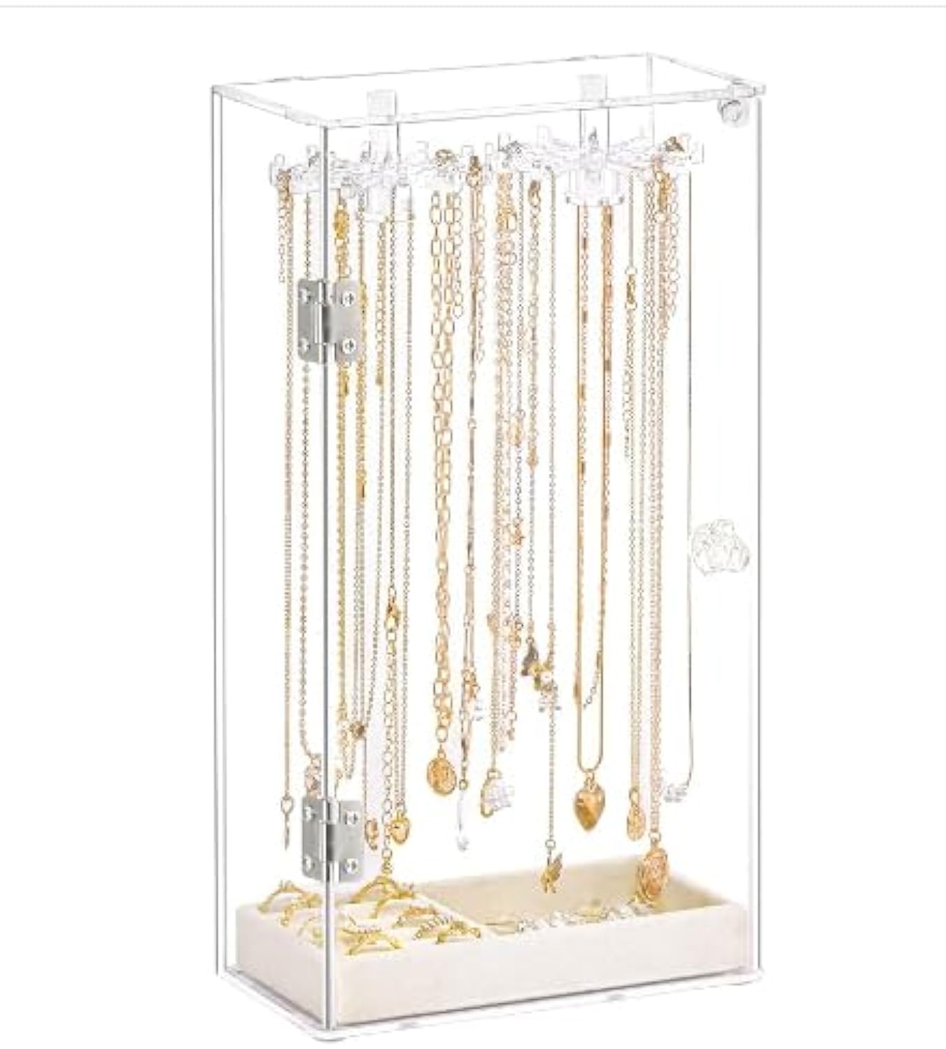 Povxlum Transparent Jewelry Holder Necklace Stand Acrylic Jewelry Storage Box Jewellery Organiser For Necklace Bracelet With 24 Rotatable Hooks Plush Tray