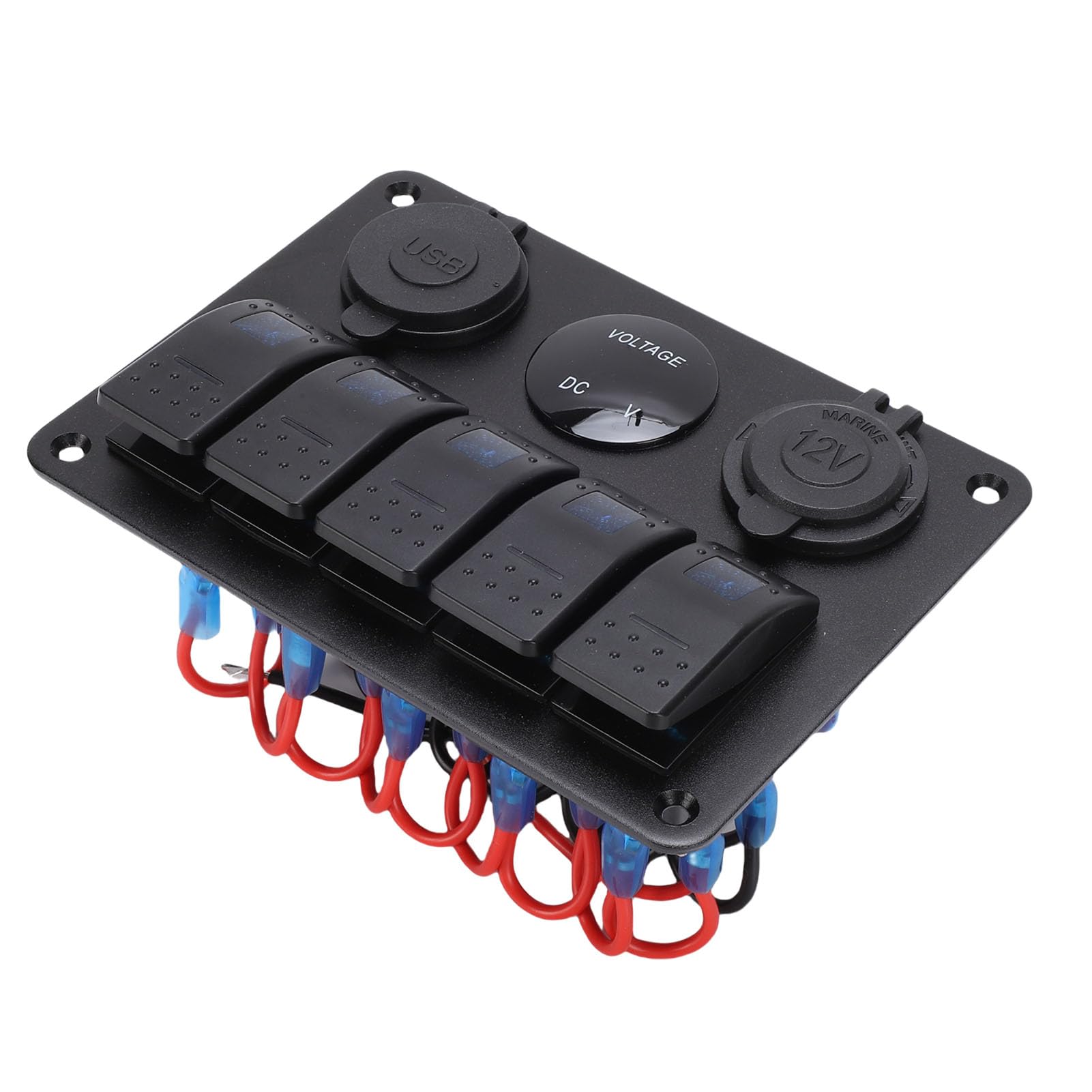 Panel Przełączników 5-krotnych, ładowarka z Podwójnym Portem USB, Woltomierz Cyfrowy, Gniazdko 12 V, Aluminiowy Panel Przełączników z Niebieskim Podświetleniem, Idealny do Samochodów