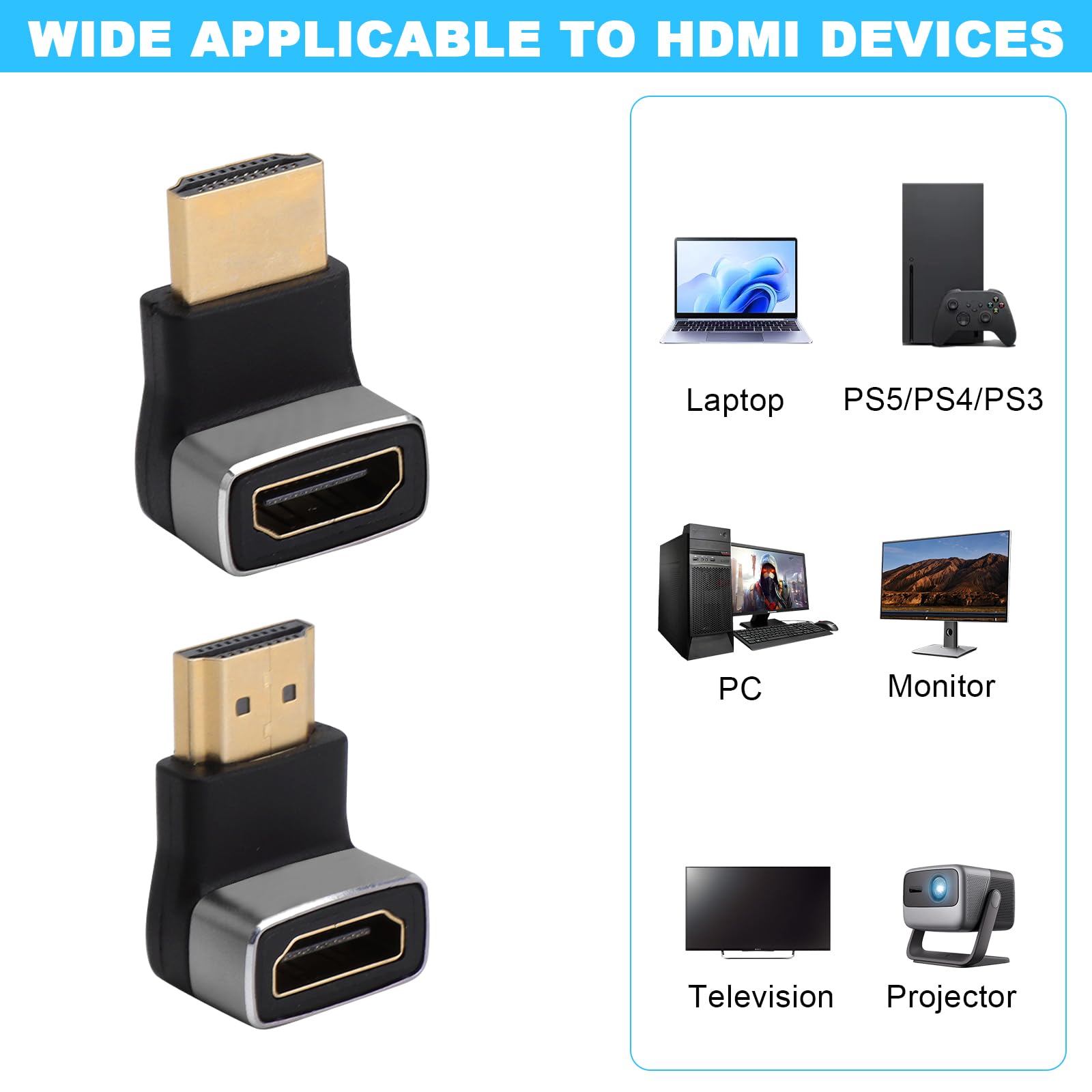 Adapter HDMI 8K 2 sztuki Ultra HD dwukierunkowy 90° i 270° kątowy wtyk kątowy HDMI na gniazdo 8K 60 Hz 4K 120 Hz 2.1 adapter kątowy HDR VRR Dolby eARC 3D 48 Gbps do PS5, Xbox, TV, PC, projektora