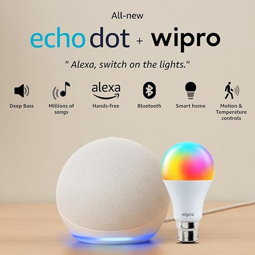 Amazon Echo Dot (5th Gen, White) Combo with Wipro 12W LED Smart Color Bulb