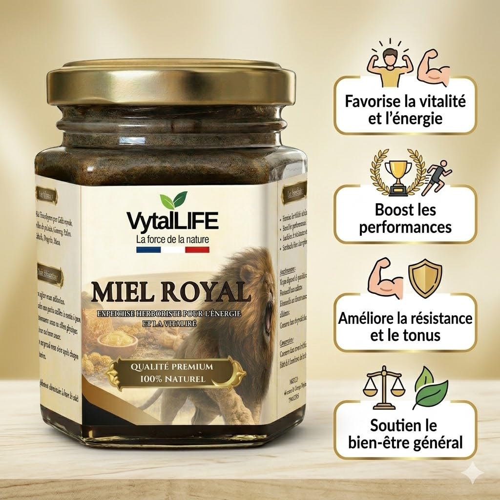 VytalLIFE Miel à la Gelée Royale, Ginseng & Maca - Miel Aphrodisiaque d'Eucalyptus 100% Pur 250g - Enrichi en Propolis, Pollen d'Abeille - Énergie & Vitalité - Booster Testosterone Homme Naturel