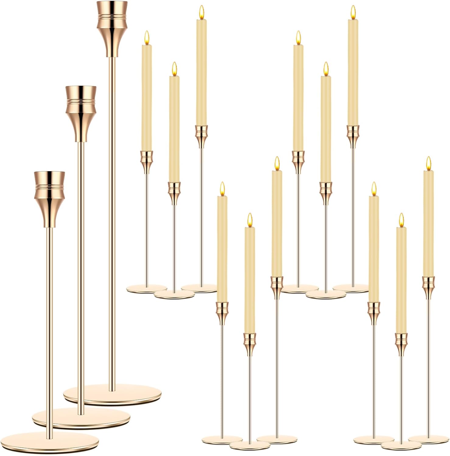 Yaomiao 15 Pcs Gold Candlestick Holder Bulk Gold Taper Candleholders Metal Candle Stick Holder Decor for Wedding Table Centerpiece Dinning Party Anniversary Fit 0.75 Inch Thick Candle 9, 11, 13 Inch