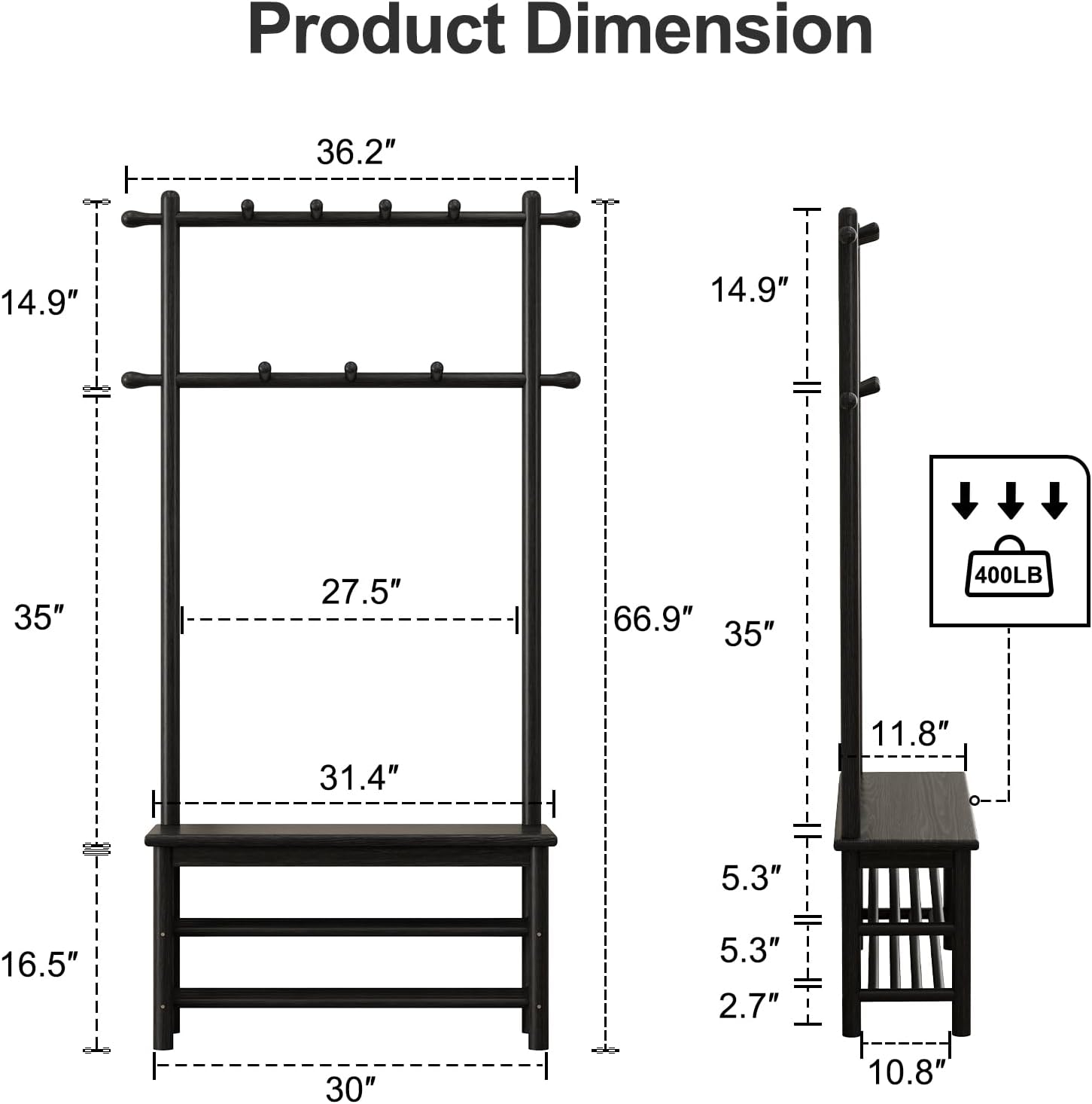 aqimuele coat rack with shoe storage, wooden hall tree with bench, 11 hooks and 2-tier storage shelves, 3-in-1, entryway bench with coat rack (31.5"-deep black) 31.5" black