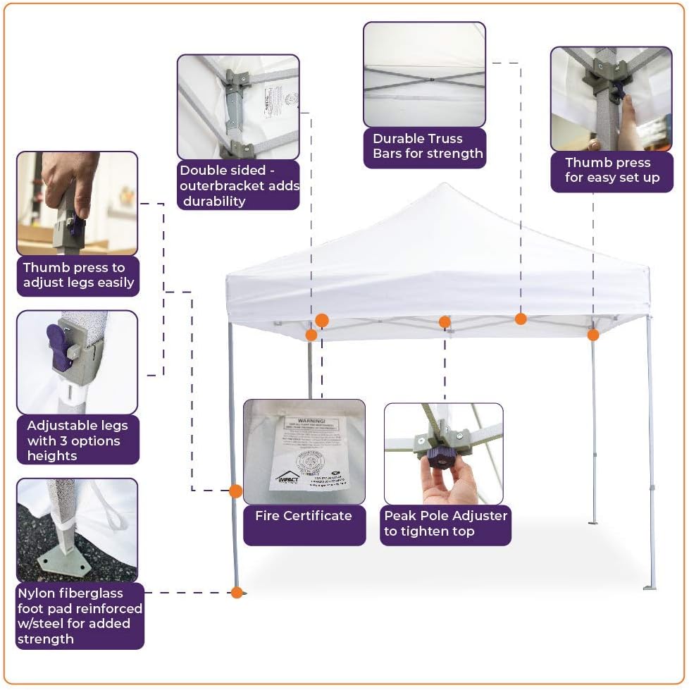 iMPACT Canopy USA 10' x 10' Canopy Kit, Includes 4 Sidewalls One with Door and Window, 4 Weight Bags, Spike & Rope, Roller Bag, White