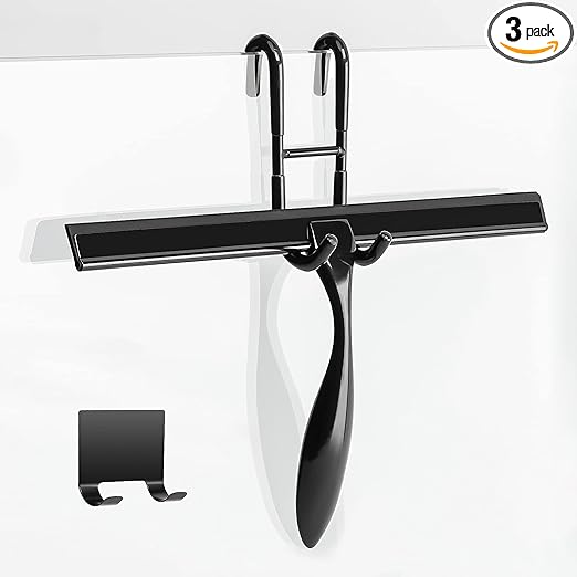 Simtive 12-Inch Shower Squeegee Set, Includes Shower Door Hook and Adhesive Hook, Squeegee for Shower Doors, Mirror and Window, Black