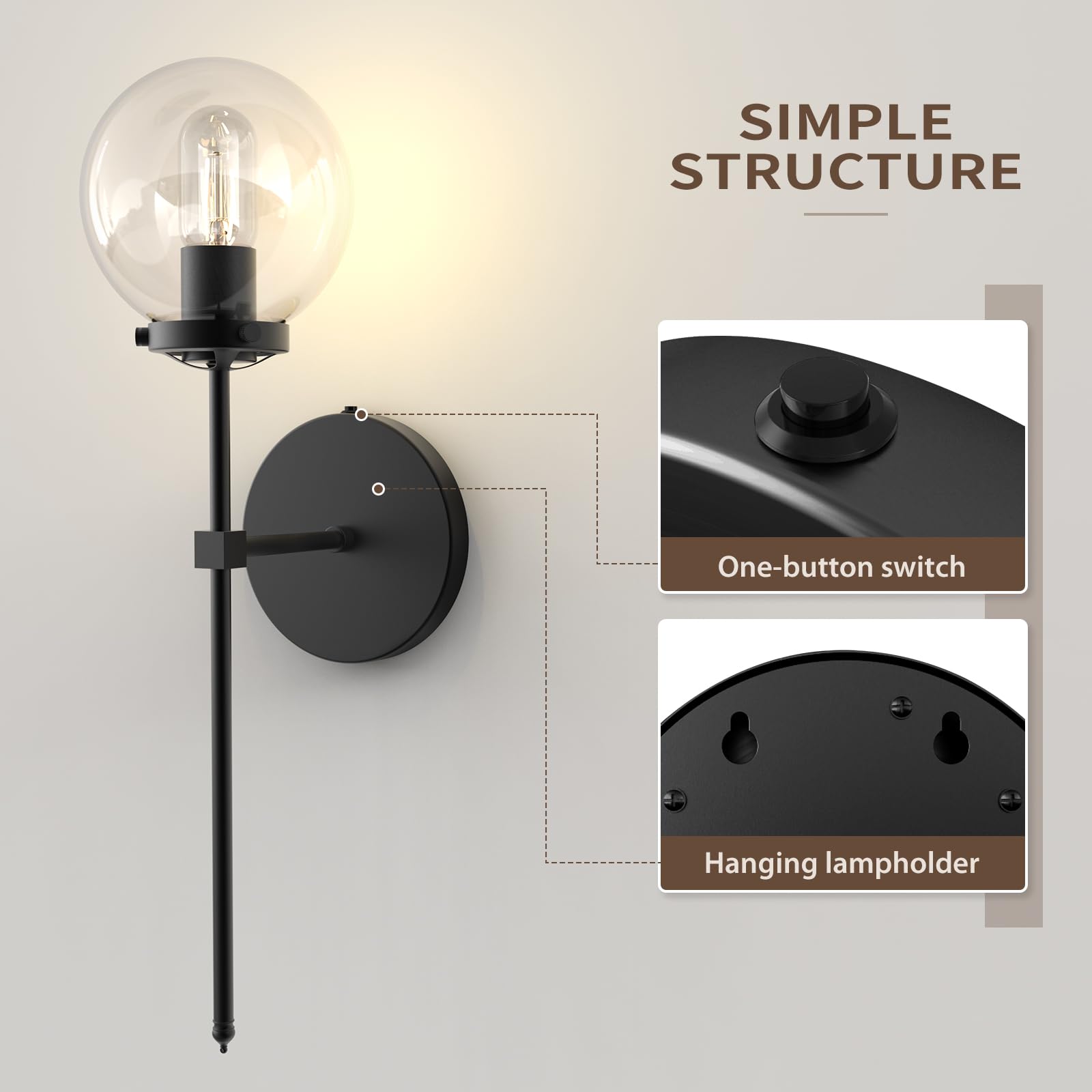 HYMELA C03 Battery Operated Wall Sconce No Wired, Rechargeable Wall Lamp with Clear Glass Shade, Easy to Install Cordless Wall Light Fixtures for Bathroom Hallway Kitchen Mirror Black(Bulb Included)