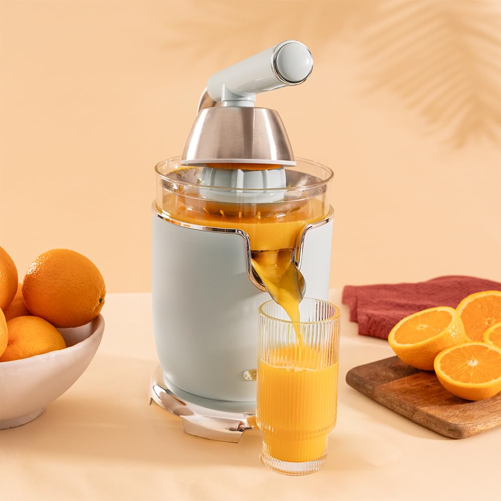 Cecotec Elektro-Zitruspresse - Orangen und Zitrusfrüchte - Xqueeze RetroJuice 1000 Blue. 1000W, Edelstahlfilter, 2 abnehmbare Konen in unterschiedlichen Größen, Hebel und Tropfstopp-System