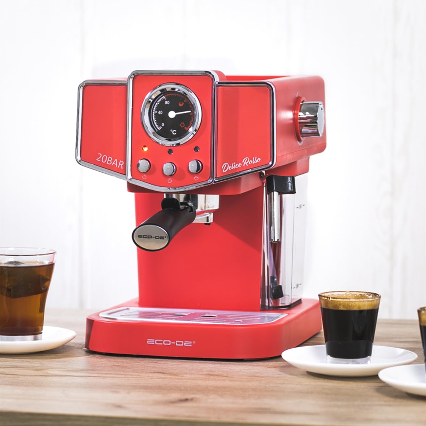ECODE® Cafetera Express con 20 Bares de Presión y 1050 W, Vaporizador, Deposito de 1.5L, Calientatazas, Termometro, Brazo Doble Salida, Dosificador con Prensador, Mono/Doble dosis - Delice Rosso