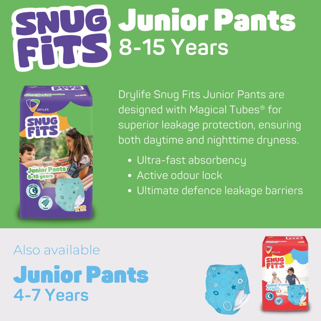 Drylife Snug Fits Lot de 6 paquets de 12 culottes de mouillage jetables unisexes pour enfant de 8 à 15 ans Absorption 1000 ml Protection pendant la nuit 27-57 kg
