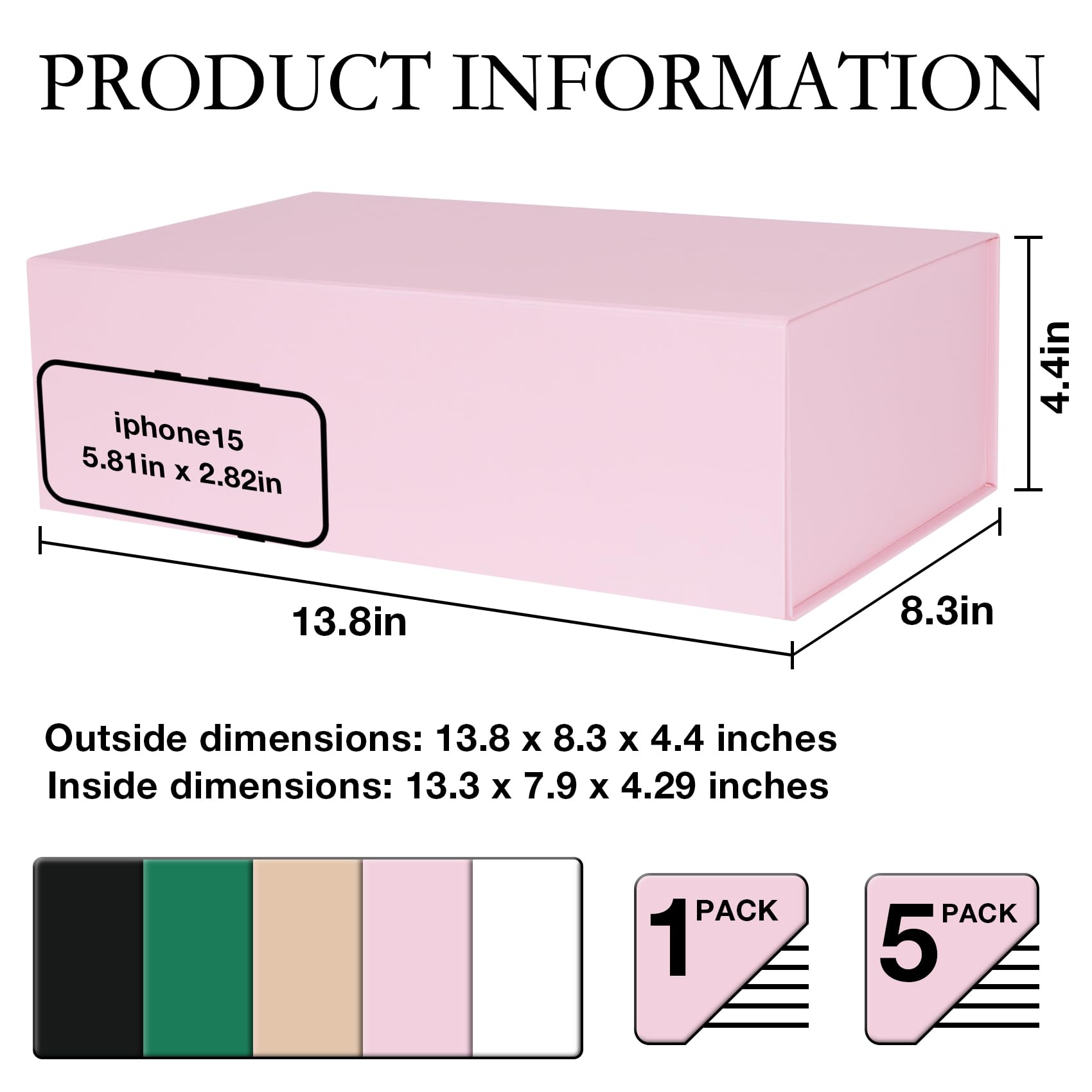 LFBOX Pink Gift Box with Magnetic Lids 13.8x8.3x4.4 in, Large Present Box for Bridesmaid Proposal Wedding Mother's Day 1 Pack