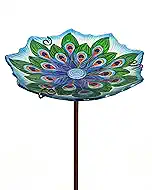 Glass Bird Bath with Stake 10.5" – Shallow Bird Bath for Outside Garden Backyard – Decorative Birdbath & Feeder for Patio Lawn – Hand-Painted Glass Water Dish, Peacock