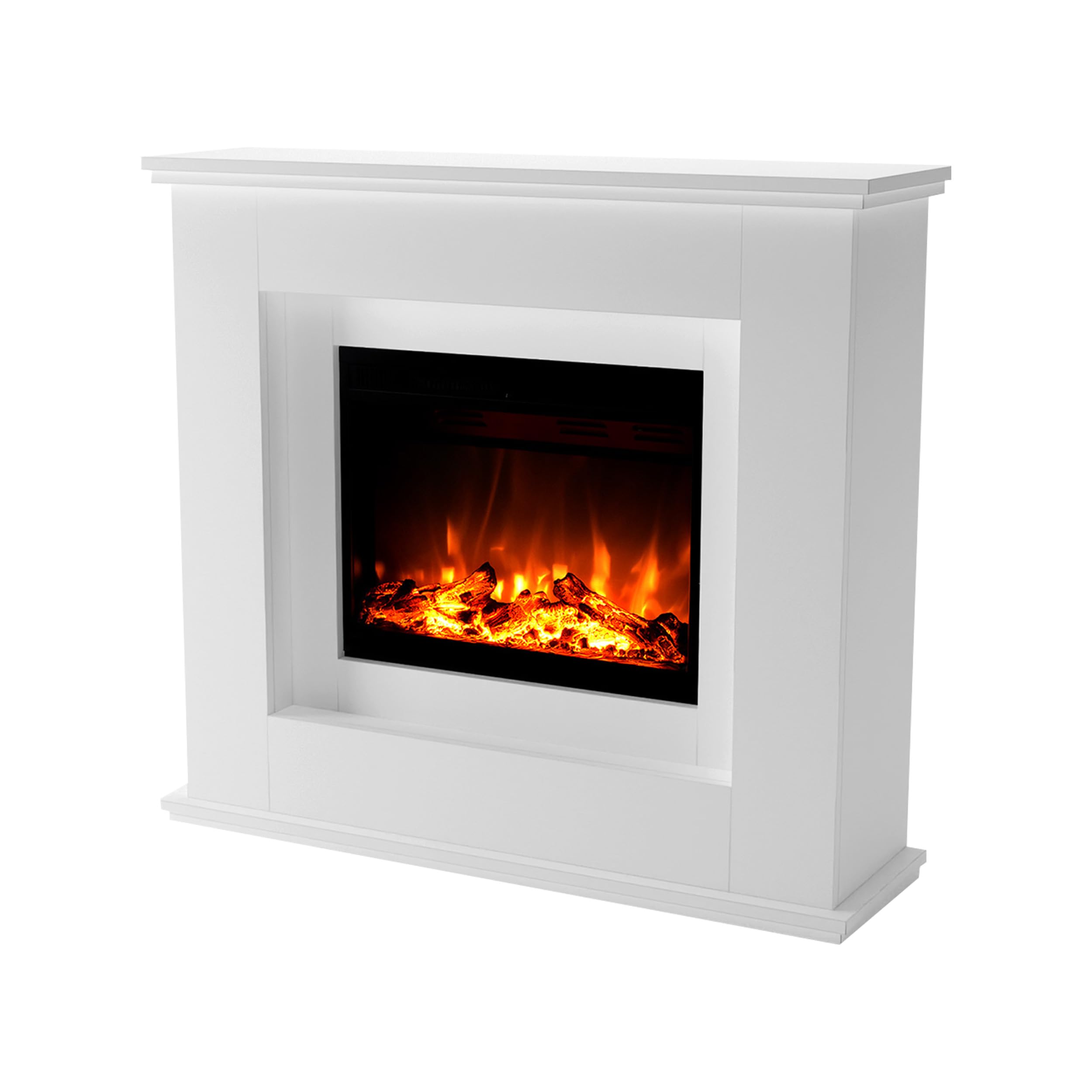 GLOW FIRE EUROPA Stufa Elettrica a Pavimento - Caminetto Elettrico con Riscaldamento, Fuoco LED in 3 Colori, Ventola, Decorazione in Legno, Telecomando, 111x101x33 cm, Bianco