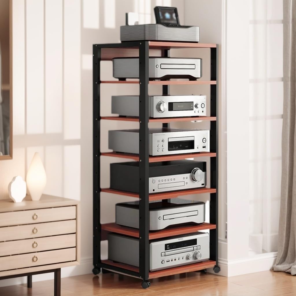 Mobile Stereo Hi fi Rack Carrello Multimediale AV Scaffale Mobile Per Supporti Con Ripiano In Legno A 7 Livelli, Moderno Supporto Multimediale AV Armadio AV Con Ruote(Red)