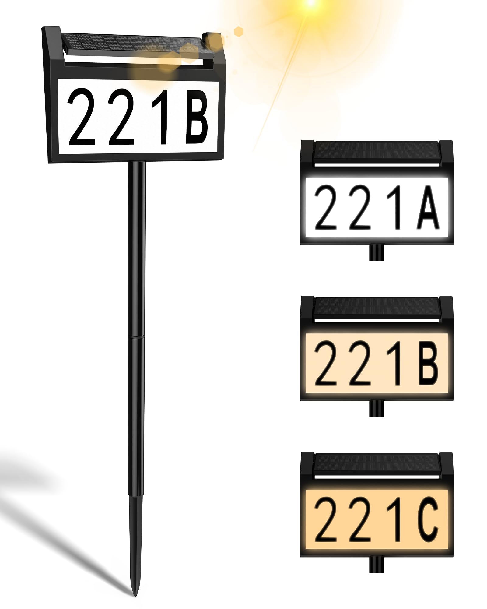 Solar Address Sign,Vovamo 2200mAh House Numbers for Outside Light Up,3 Color Modes with DIY Customized Pattern,Waterproof House Number Sign with Stake for Outside,Yard,