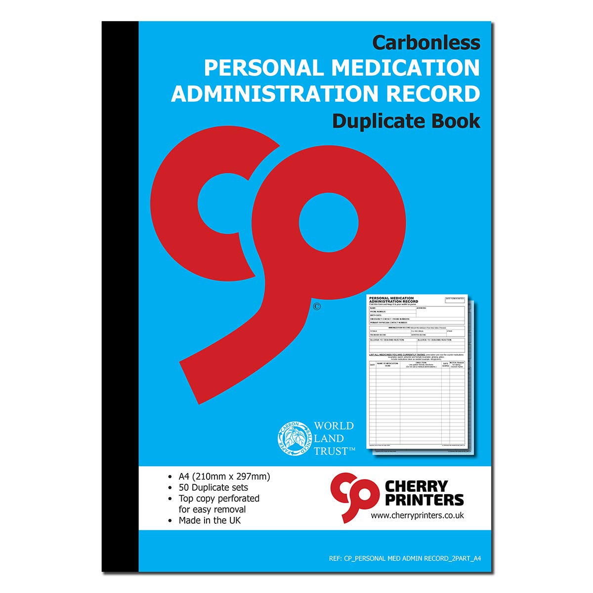 Cherry Printers Carbonless Personal Medication Administration Record NCR Duplicate Book A4 50 Sets