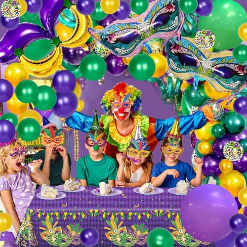 114 PCS Mardi Gras Party Decorations Green Purple Yellow Balloon Arch Large Sized Mask Moon Star Foil Balloons for Mardi Gras Birthday Baby Shower Masquerade New Orleans Party by YaYuanSun - Used condition - Image 5