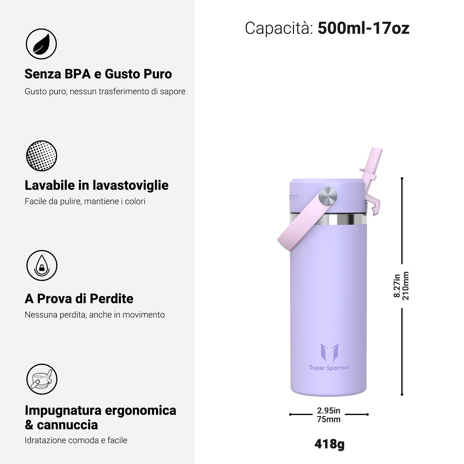 Sparrow Borraccia Termica - 500ml/750ml/1L/1.2L - SwivelSip Bottiglia Acciaio Inox - Senza BPA Borracce Termiche, Borraccia con Cannuccia Ergonomica per Scuola, Sportiva, Campeggio, Palestra