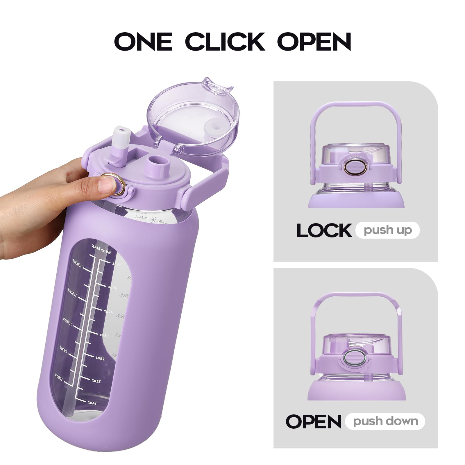 chunmo Grande bouteille d'eau de motivation en verre avec marqueur de temps avec manchon en silicone et couvercle à poignée - 2,2 l - Pour le sport