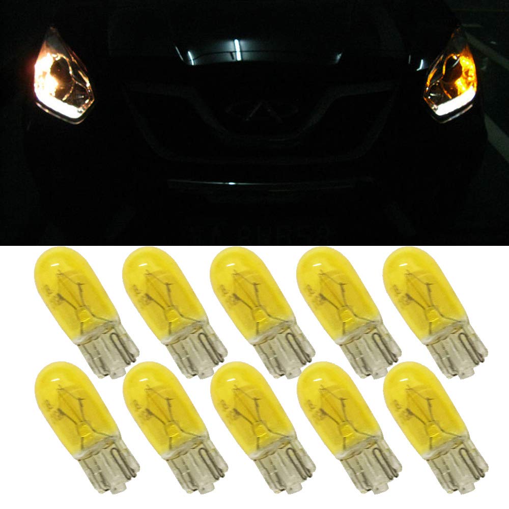 NSLUMO Yellow T10 W5W Halogen bulb - T10 Halogen Car Yellow Lamps 168 194 w5w Turn Side License Plate Light Car Parking Dome Reading Interior Lamp (10PCS)