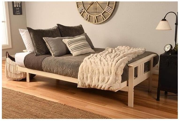 Homestock Modern Muse Wood Futon Frame Set with Storage Drawers, Classic Style with Mission Style Arms with Solid Pattern with Foldable Feature for Lounge Room with Tight Back Suede Gray/Antique White