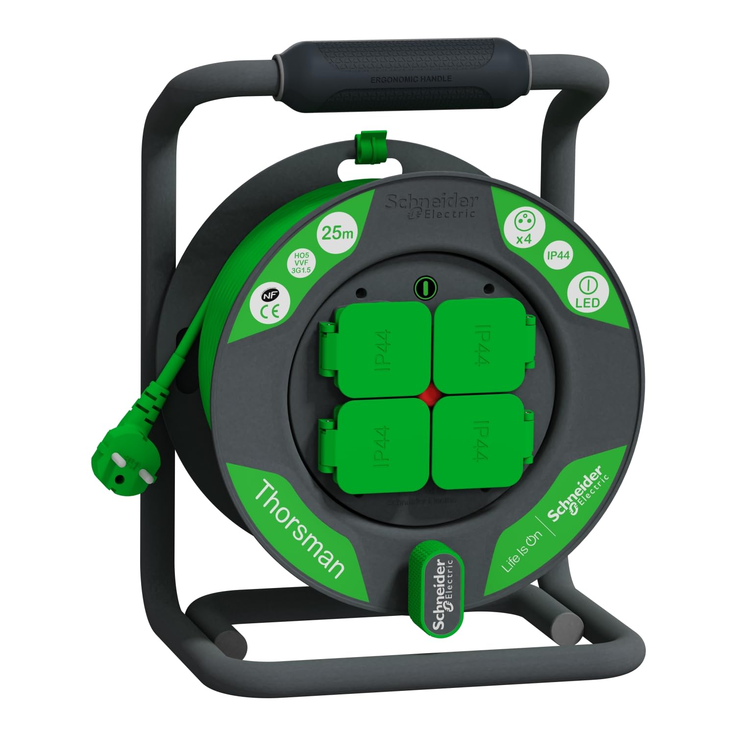 Schneider Electric - Enrouleur Bricolage 25m HO5VVF 3G1,5 IP44, Vert - IMT33145