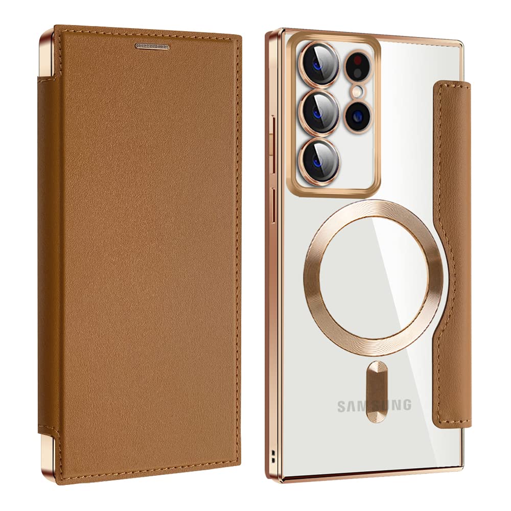 MuZiF Samsung Galaxy S24 Ultra 用 ケース 手帳型 Magsafe対応 クリア 背面 透明 高級なPUレザー 永久磁石 マグネット スマホケース カード収納、人気財布型 カバー 軽量 S24 Ultra 用 手帳カバー (ブラウン)